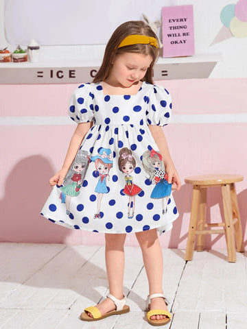 Young Girl Figure & Polka Dot Print Puff Sleeve Dress