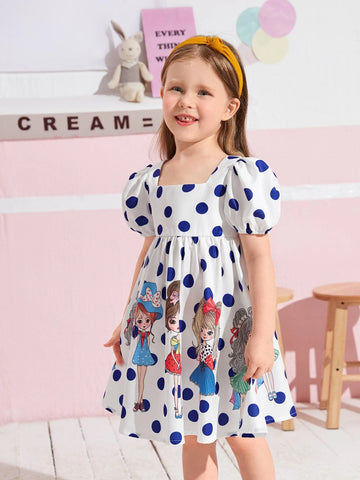 Young Girl Figure & Polka Dot Print Puff Sleeve Dress