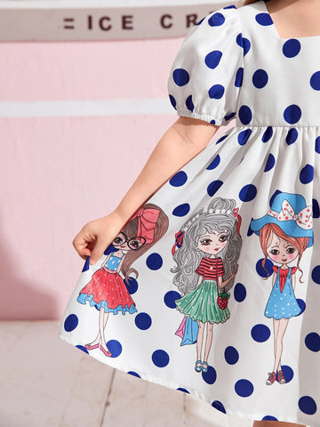 Young Girl Figure & Polka Dot Print Puff Sleeve Dress