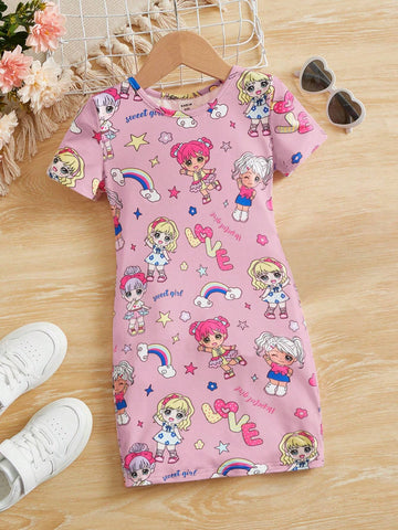 Young Girl Fitted Casual Knit Dress With Cute Girl Pattern, Round Neck