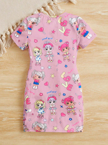 Young Girl Fitted Casual Knit Dress With Cute Girl Pattern, Round Neck