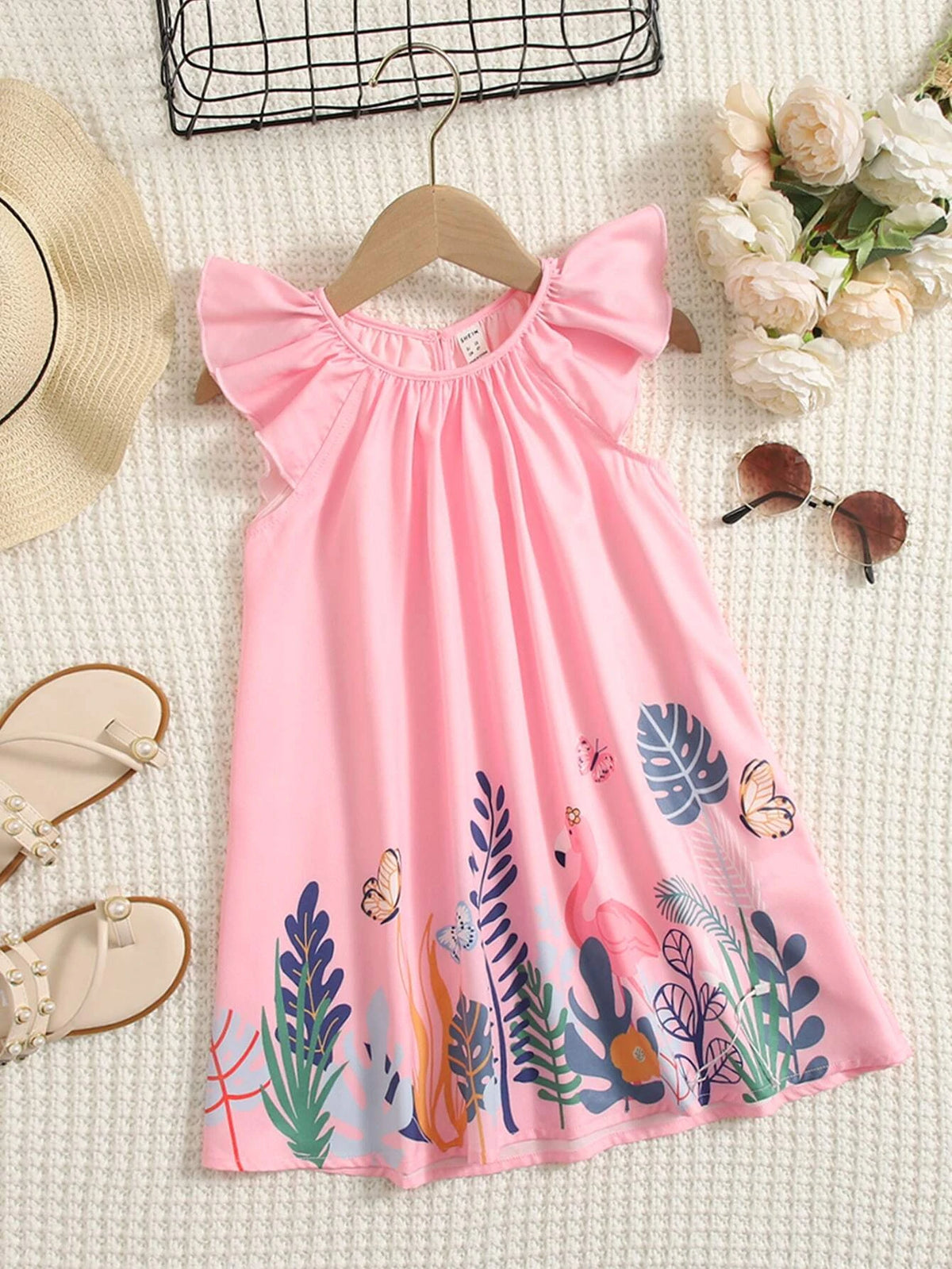 Young Girl Flamingo & Tropical Print Ruffle Sleeve Dress