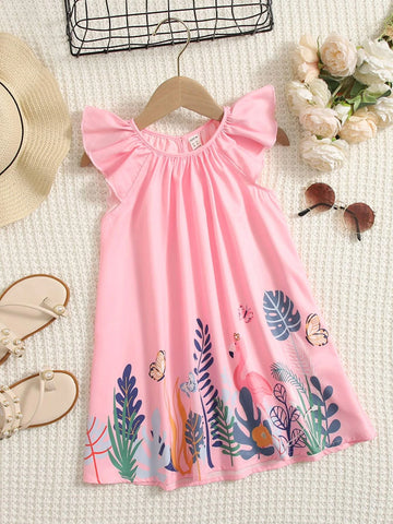 Young Girl Flamingo & Tropical Print Ruffle Sleeve Dress