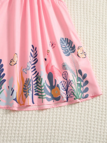Young Girl Flamingo & Tropical Print Ruffle Sleeve Dress