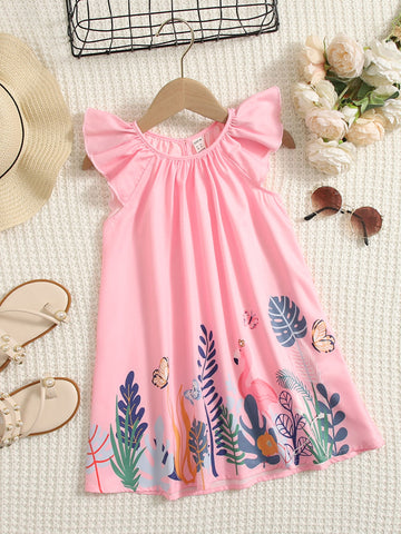 Young Girl Flamingo & Tropical Print Ruffle Sleeve Dress