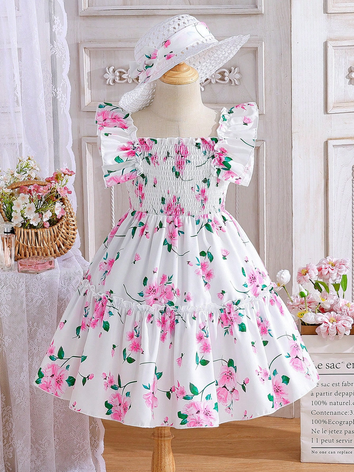 Young Girl Floral Allover Print Dress + Hat Set