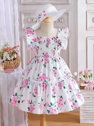 Young Girl Floral Allover Print Dress + Hat Set