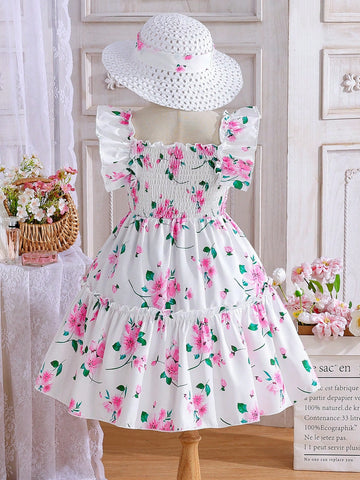 Young Girl Floral Allover Print Dress + Hat Set