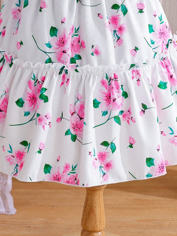 Young Girl Floral Allover Print Dress + Hat Set