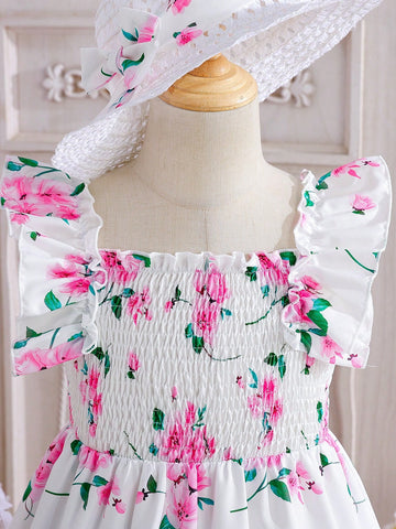 Young Girl Floral Allover Print Dress + Hat Set