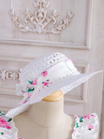 Young Girl Floral Allover Print Dress + Hat Set