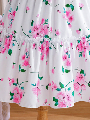 Young Girl Floral Allover Print Dress + Hat Set