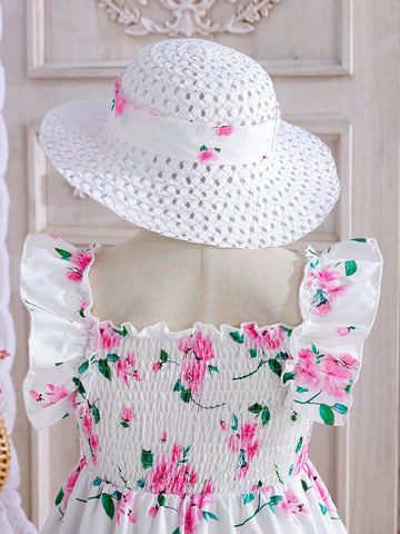 Young Girl Floral Allover Print Dress + Hat Set