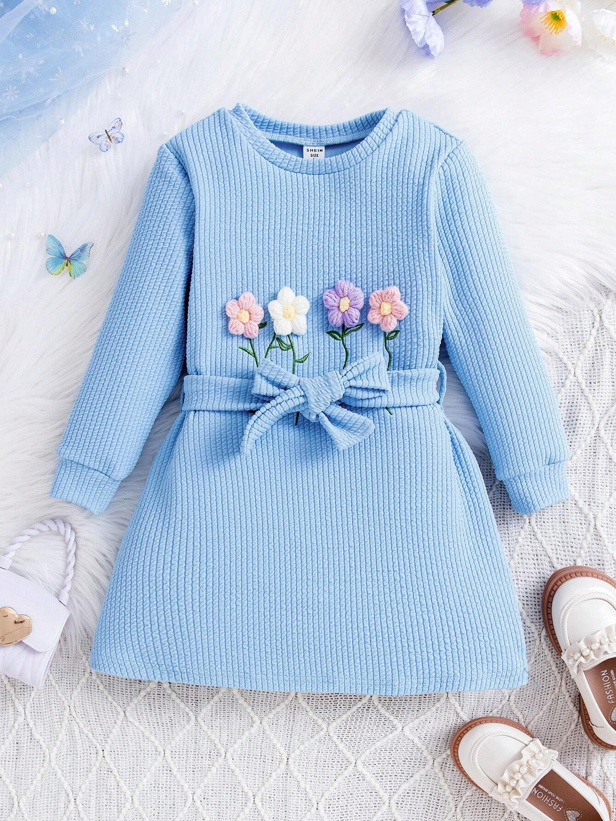 Young Girl Floral Appliques Belted Dress