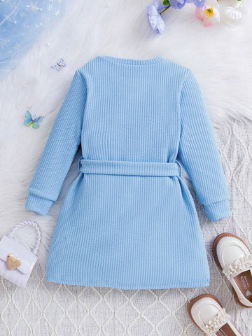 Young Girl Floral Appliques Belted Dress