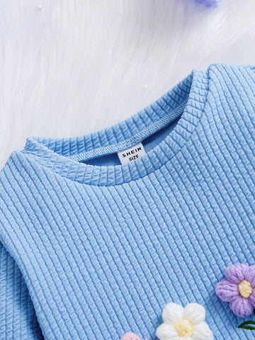 Young Girl Floral Appliques Belted Dress