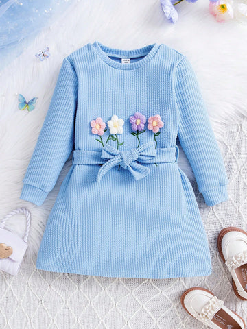 Young Girl Floral Appliques Belted Dress