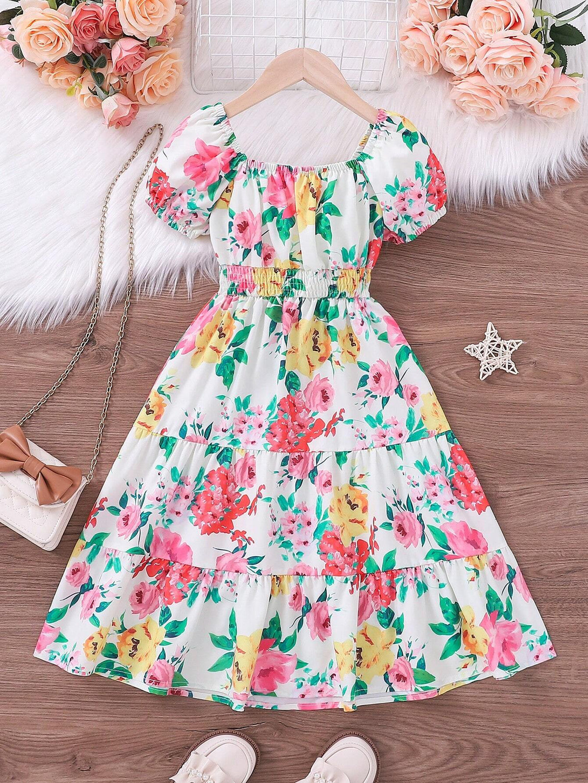 Young Girl Floral Elastic Waist A-Line Dress