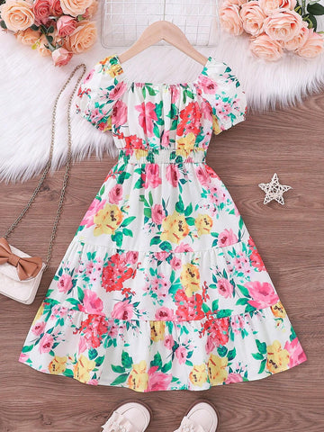 Young Girl Floral Elastic Waist A-Line Dress
