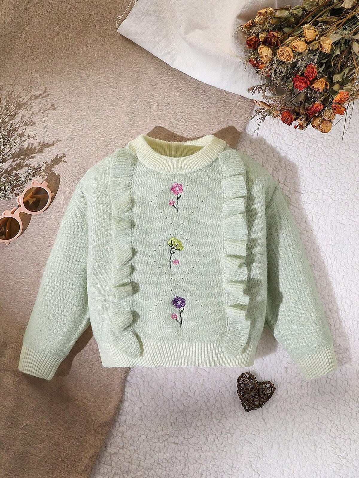 Young Girl Floral Embroidery Crew Neck Long Sleeve Ruffled Hem Cute Sweater, Autumn/Winter