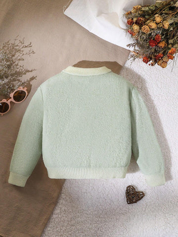 Young Girl Floral Embroidery Crew Neck Long Sleeve Ruffled Hem Cute Sweater, Autumn/Winter