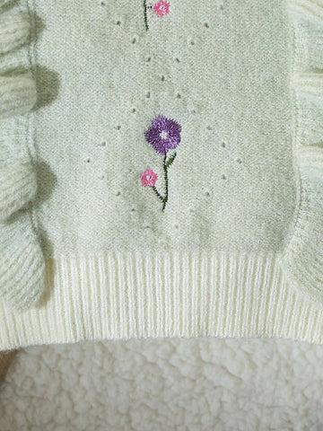 Young Girl Floral Embroidery Crew Neck Long Sleeve Ruffled Hem Cute Sweater, Autumn/Winter