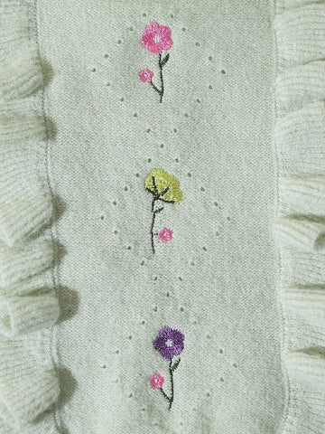 Young Girl Floral Embroidery Crew Neck Long Sleeve Ruffled Hem Cute Sweater, Autumn/Winter