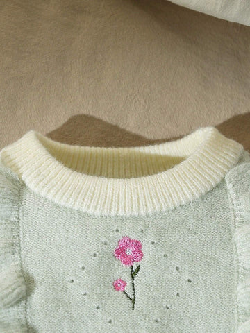 Young Girl Floral Embroidery Crew Neck Long Sleeve Ruffled Hem Cute Sweater, Autumn/Winter