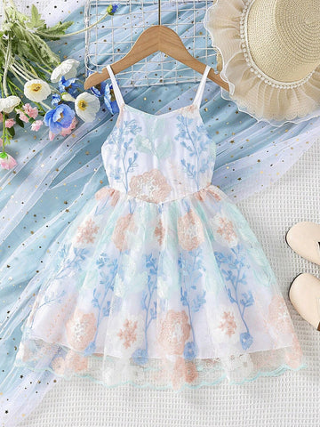 Young Girl Floral Embroidery Mesh Overlay Cami Dress