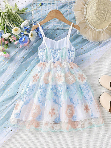 Young Girl Floral Embroidery Mesh Overlay Cami Dress