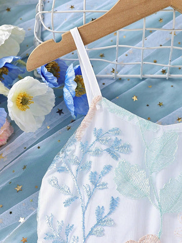 Young Girl Floral Embroidery Mesh Overlay Cami Dress