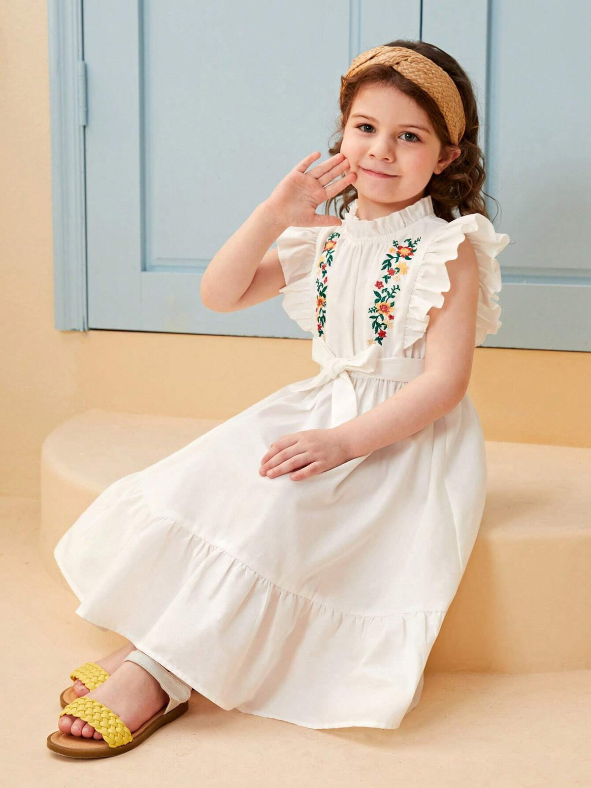 Young Girl Floral Embroidery Ruffle Trim Belted Dress