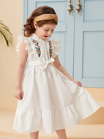 Young Girl Floral Embroidery Ruffle Trim Belted Dress