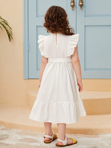 Young Girl Floral Embroidery Ruffle Trim Belted Dress
