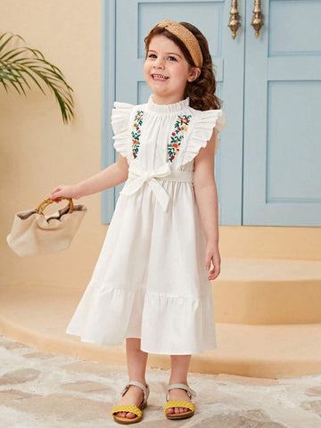 Young Girl Floral Embroidery Ruffle Trim Belted Dress