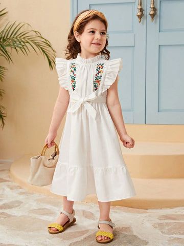 Young Girl Floral Embroidery Ruffle Trim Belted Dress