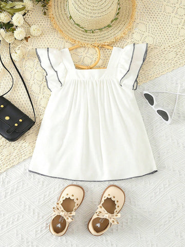 Young Girl Floral Embroidery Ruffle Trim Blouse