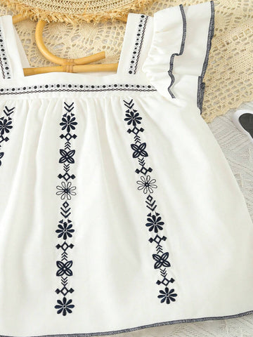 Young Girl Floral Embroidery Ruffle Trim Blouse