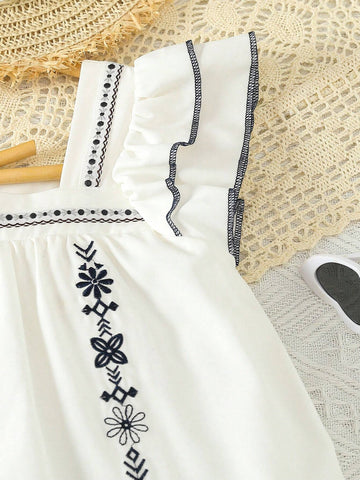 Young Girl Floral Embroidery Ruffle Trim Blouse