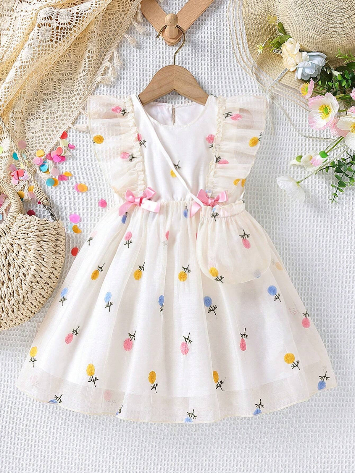 Young Girl Floral Embroidery Ruffle Trim Bow Front Dress & Bag