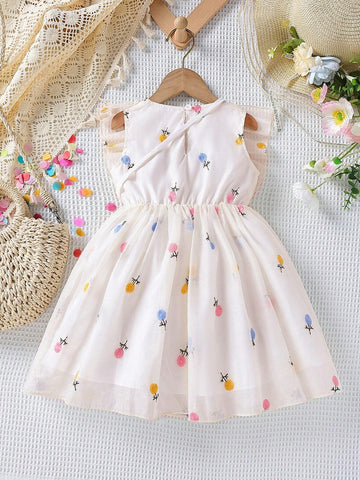 Young Girl Floral Embroidery Ruffle Trim Bow Front Dress & Bag