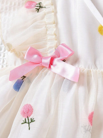 Young Girl Floral Embroidery Ruffle Trim Bow Front Dress & Bag