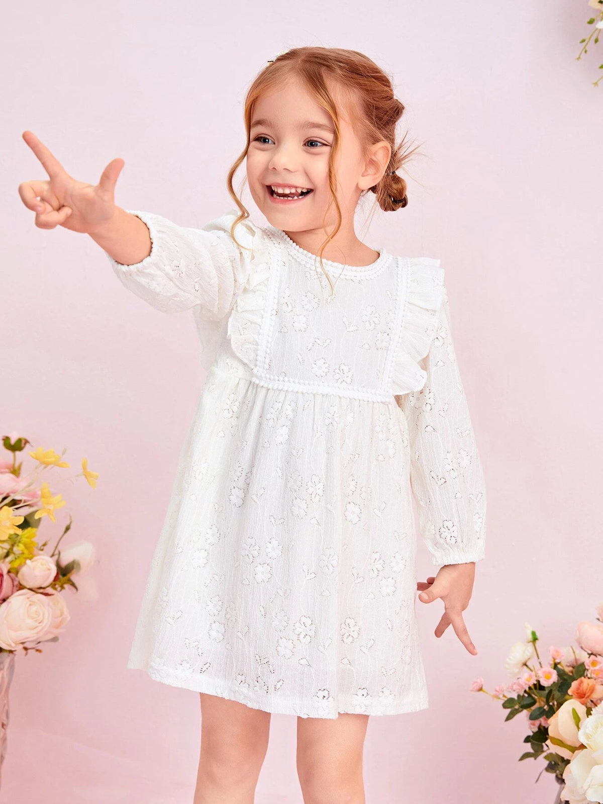 Young Girl Floral Embroidery Ruffle Trim Lantern Sleeve Dress