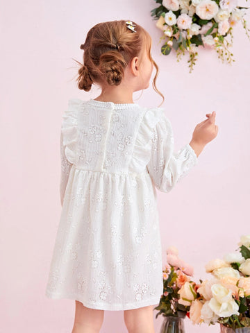 Young Girl Floral Embroidery Ruffle Trim Lantern Sleeve Dress
