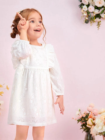 Young Girl Floral Embroidery Ruffle Trim Lantern Sleeve Dress