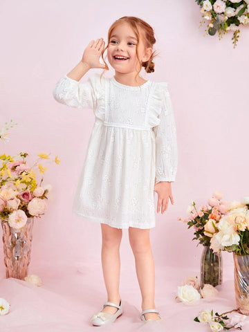Young Girl Floral Embroidery Ruffle Trim Lantern Sleeve Dress