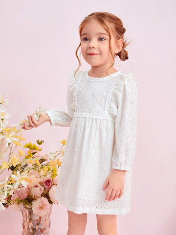 Young Girl Floral Embroidery Ruffle Trim Lantern Sleeve Dress