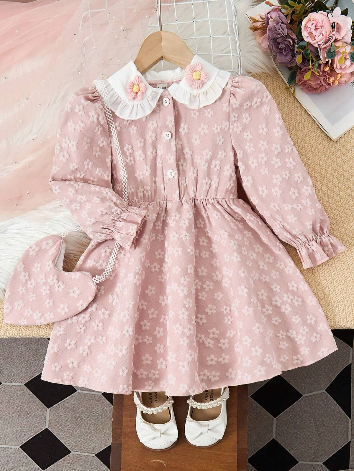 Young Girl Floral Jacquard Pattern Peter Pan Collar Long Sleeve Princess Casual Sweet Dress