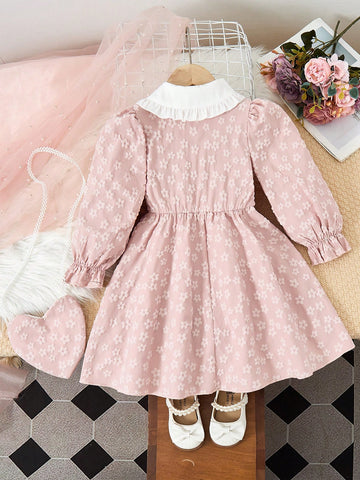 Young Girl Floral Jacquard Pattern Peter Pan Collar Long Sleeve Princess Casual Sweet Dress