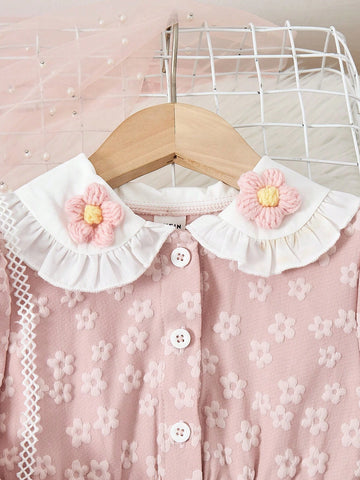 Young Girl Floral Jacquard Pattern Peter Pan Collar Long Sleeve Princess Casual Sweet Dress